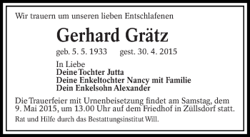 Traueranzeige von Gerhard Grätz von lausitzer_rundschau