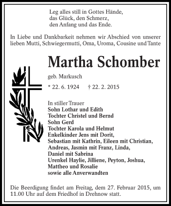 Traueranzeige von Martha Schomber von lausitzer_rundschau