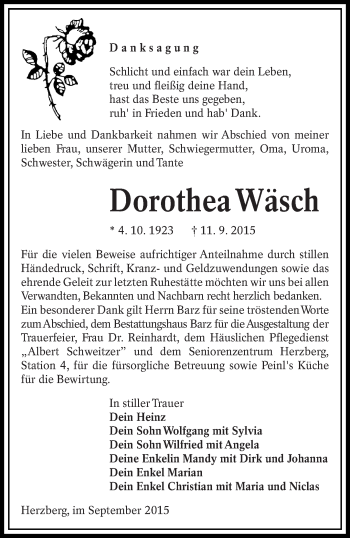 Traueranzeige von Dorothea Wäsch von lausitzer_rundschau