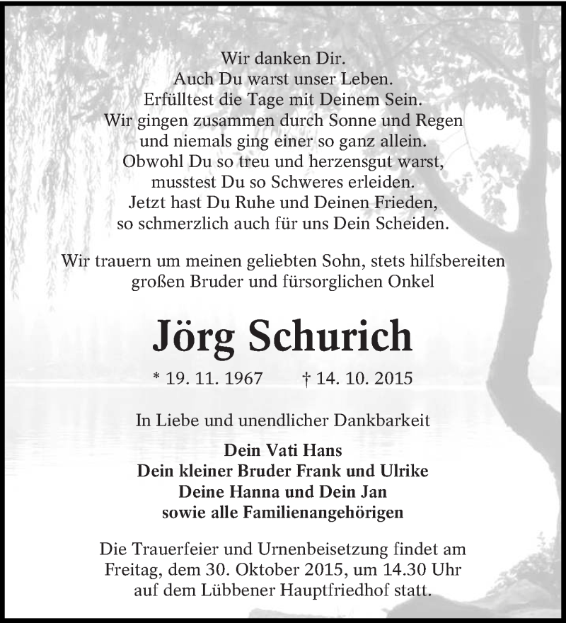  Traueranzeige für Jörg Schurich vom 22.10.2015 aus lausitzer_rundschau