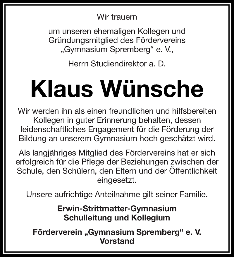  Traueranzeige für Klaus Wünsche vom 27.10.2015 aus lausitzer_rundschau