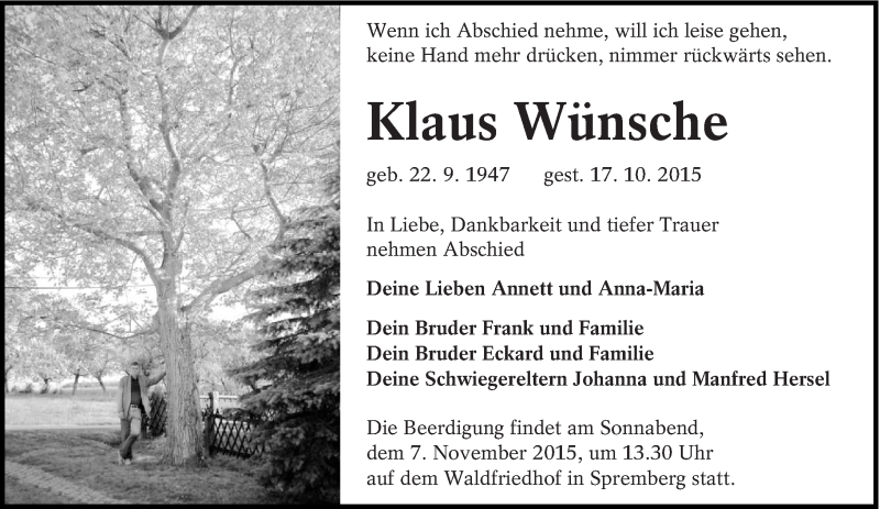  Traueranzeige für Klaus Wünsche vom 24.10.2015 aus lausitzer_rundschau