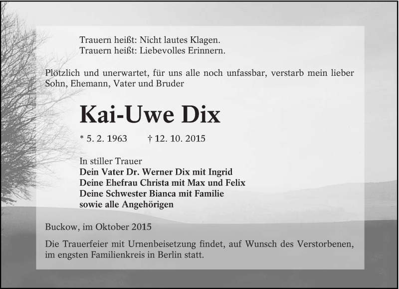  Traueranzeige für Kai-Uwe Dix vom 24.10.2015 aus lausitzer_rundschau