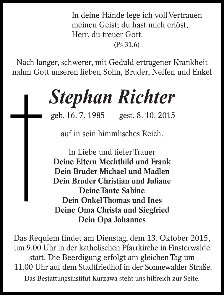  Traueranzeige für Stephan Richter vom 10.10.2015 aus lausitzer_rundschau