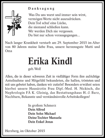 Traueranzeige von Erika Kindl von lausitzer_rundschau