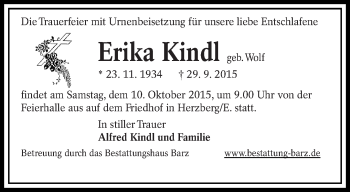 Traueranzeige von Erika Kindl von lausitzer_rundschau