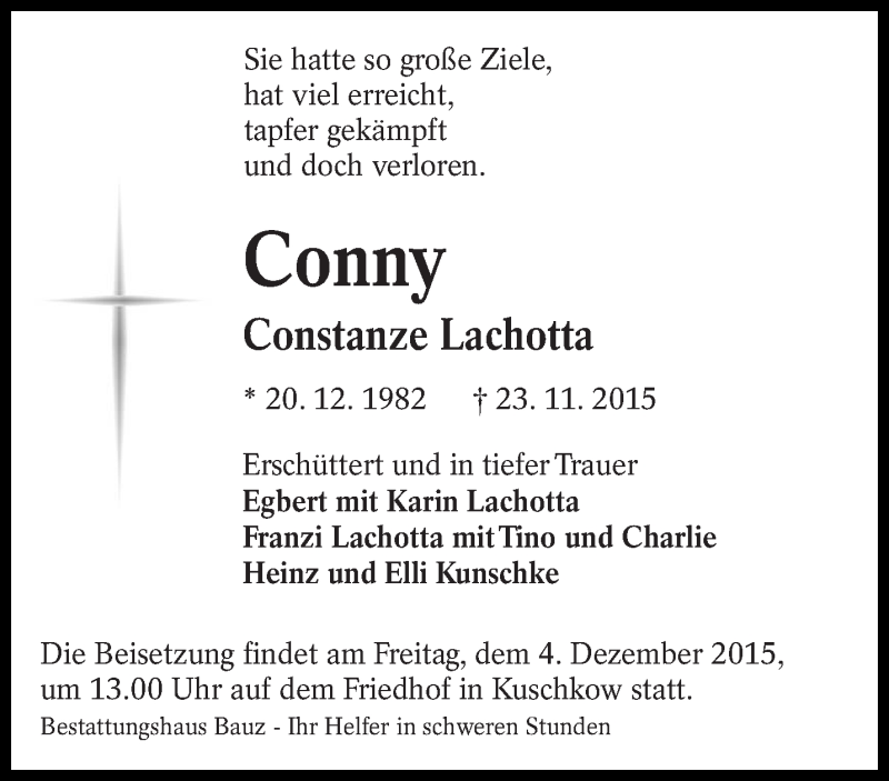  Traueranzeige für Constanze Lachotta vom 28.11.2015 aus lausitzer_rundschau