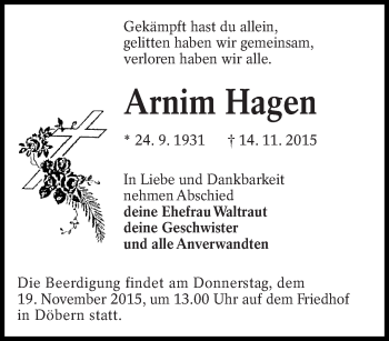 Traueranzeige von Arnim Hagen von lausitzer_rundschau