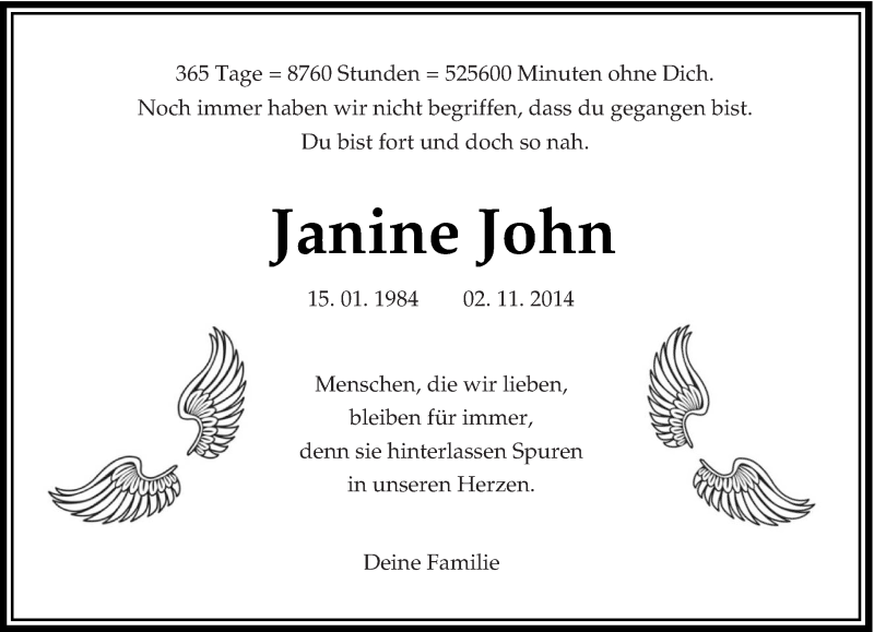  Traueranzeige für Janine John vom 02.11.2015 aus lausitzer_rundschau