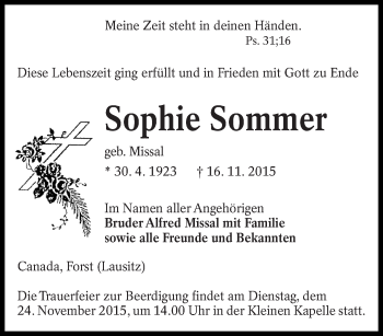 Traueranzeige von Sophie Sommer von lausitzer_rundschau