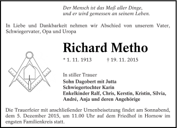 Traueranzeige von Richard Metho von lausitzer_rundschau