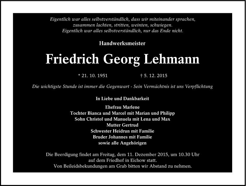  Traueranzeige für Friedrich Georg Lehmann vom 09.12.2015 aus lausitzer_rundschau