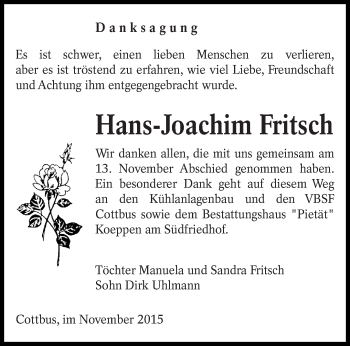 Traueranzeige von Hans-Joachim Fritsch von lausitzer_rundschau