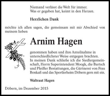 Traueranzeige von Arnim Hagen von lausitzer_rundschau