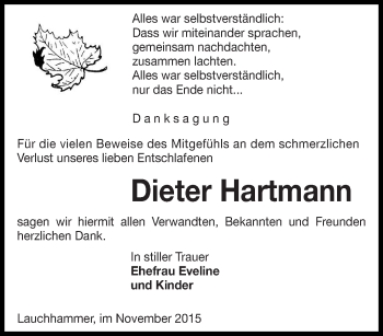 Traueranzeige von Dieter Hartmann von lausitzer_rundschau