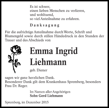 Traueranzeige von Emma Ingrid Liehmann von lausitzer_rundschau