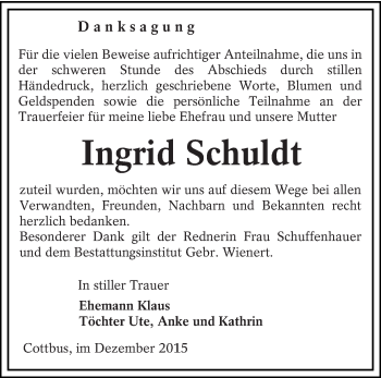 Traueranzeige von Ingrid Schuldt von lausitzer_rundschau