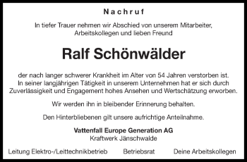 Traueranzeige von Ralf Schönwälder von lausitzer_rundschau