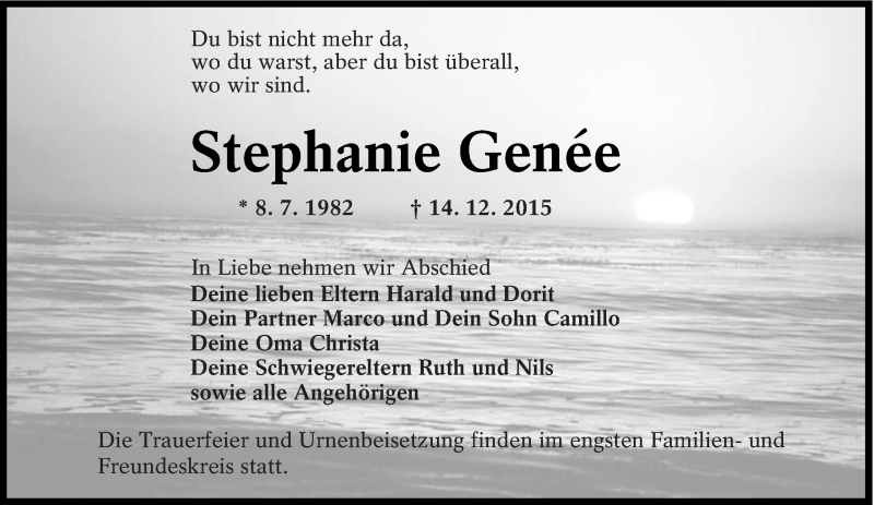  Traueranzeige für Stephanie Genée vom 20.12.2015 aus lausitzer_rundschau