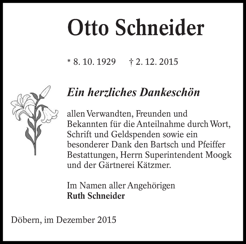  Traueranzeige für Otto Schneider vom 20.12.2015 aus lausitzer_rundschau