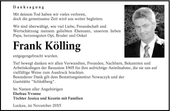 Traueranzeige von Frank Kölling von lausitzer_rundschau
