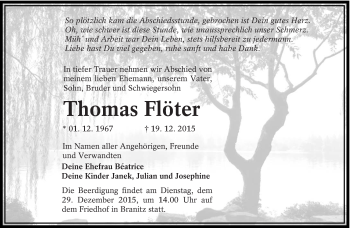 Traueranzeige von Thomas Flöter von lausitzer_rundschau