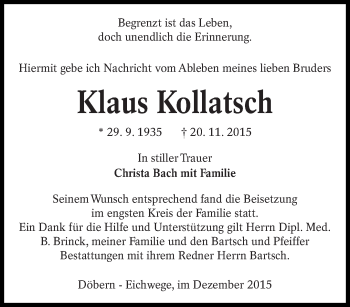 Traueranzeige von Klaus Kollatsch von lausitzer_rundschau