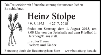 Traueranzeige von Heinz Stolpe von lausitzer_rundschau