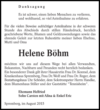 Traueranzeige von Helene Böhm von lausitzer_rundschau