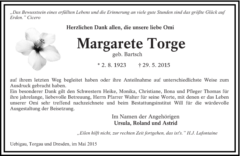  Traueranzeige für Margarete Torge vom 01.08.2015 aus lausitzer_rundschau