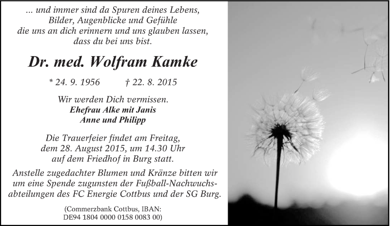  Traueranzeige für Wolfram Kamke vom 25.08.2015 aus lausitzer_rundschau