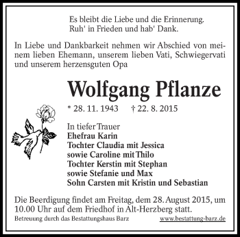 Traueranzeige von Wolfgang Pflanze von lausitzer_rundschau