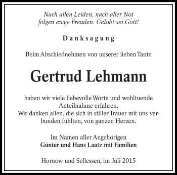 Traueranzeige von Gertrud Lehmann von lausitzer_rundschau