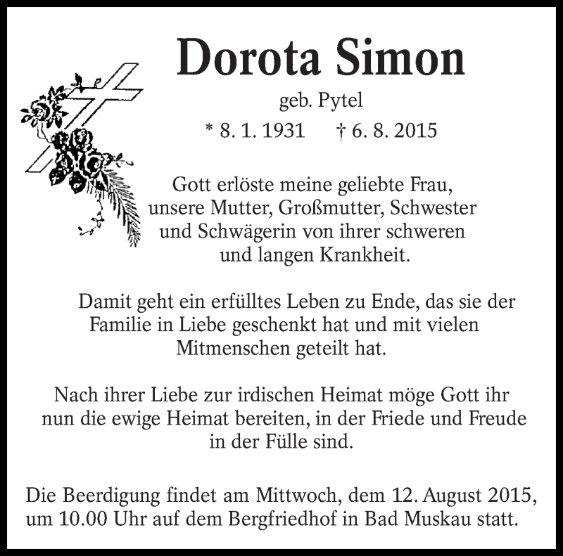  Traueranzeige für Dorota Simon vom 10.08.2015 aus lausitzer_rundschau