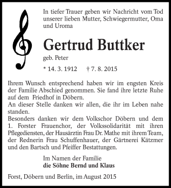 Traueranzeige von Gertrud Buttker von lausitzer_rundschau