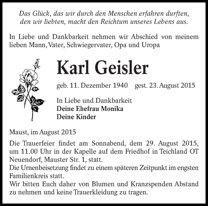  Traueranzeige für Karl Geisler vom 27.08.2015 aus lausitzer_rundschau