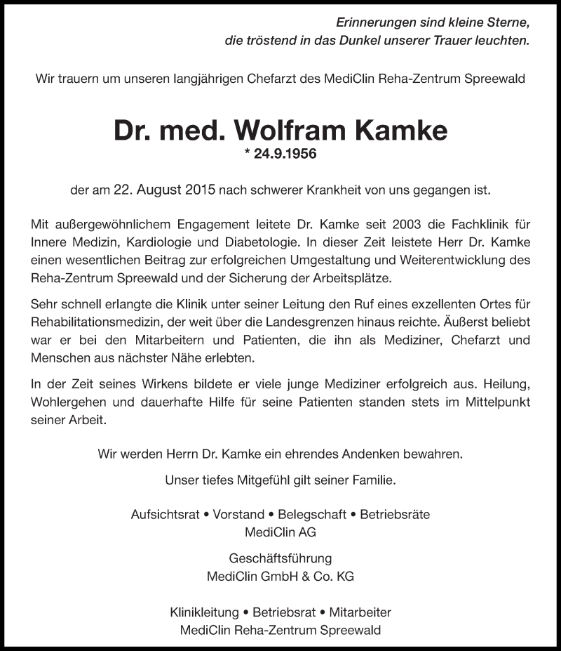  Traueranzeige für Wolfram Kamke vom 28.08.2015 aus lausitzer_rundschau
