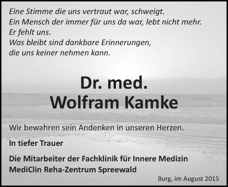  Traueranzeige für Wolfram Kamke vom 29.08.2015 aus lausitzer_rundschau