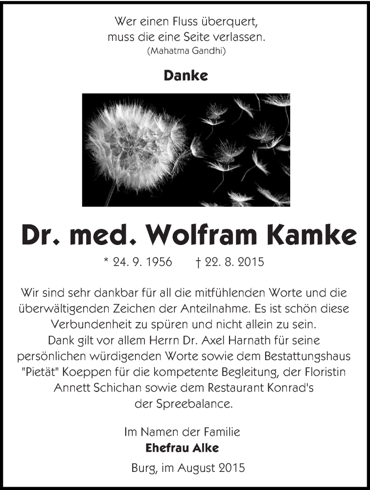  Traueranzeige für Wolfram Kamke vom 12.09.2015 aus lausitzer_rundschau