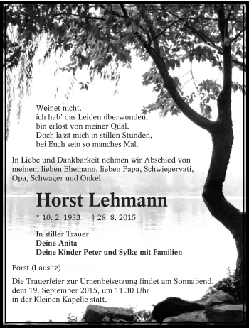 Traueranzeige von Horst Lehmann von lausitzer_rundschau