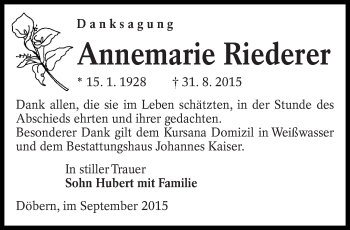 Traueranzeige von Annemarie Riederer von lausitzer_rundschau