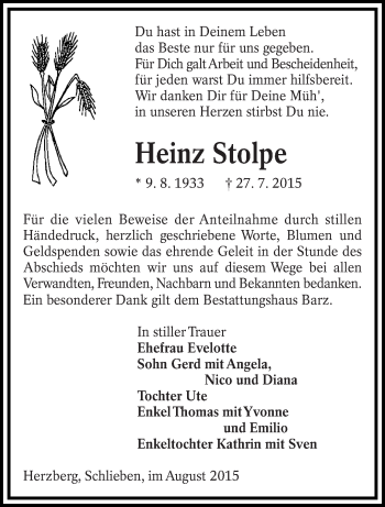 Traueranzeige von Heinz Stolpe von lausitzer_rundschau