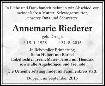 Traueranzeige von Annemarie Riederer von lausitzer_rundschau