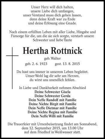 Traueranzeige von Hertha Rottnick von lausitzer_rundschau
