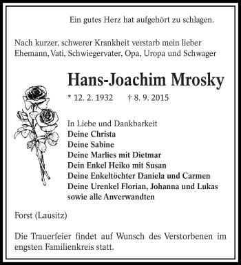 Traueranzeige von Jans-Joachim Mrosky von lausitzer_rundschau