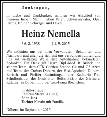 Traueranzeige von Heinz Nemella von lausitzer_rundschau