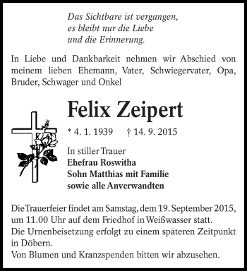 Traueranzeige von Felix Zeipert von lausitzer_rundschau