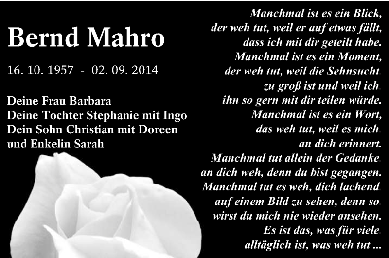  Traueranzeige für Bernd Mahro vom 02.09.2015 aus lausitzer_rundschau