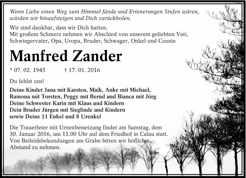  Traueranzeige für Manfred Zander vom 23.01.2016 aus lausitzer_rundschau