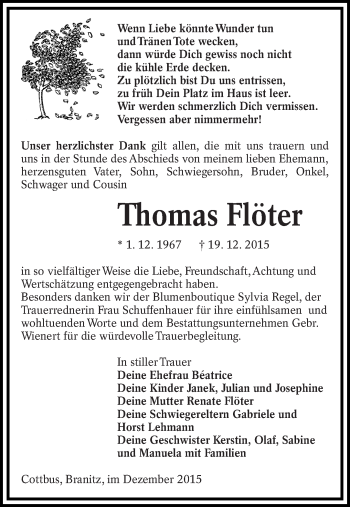 Traueranzeige von Thomas Flöter von lausitzer_rundschau
